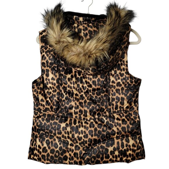 Guess Womens Y2K 2000s Leopard Faux Fur Down Feathers Hooded Puffer Vest Medium - Picture 4 of 12